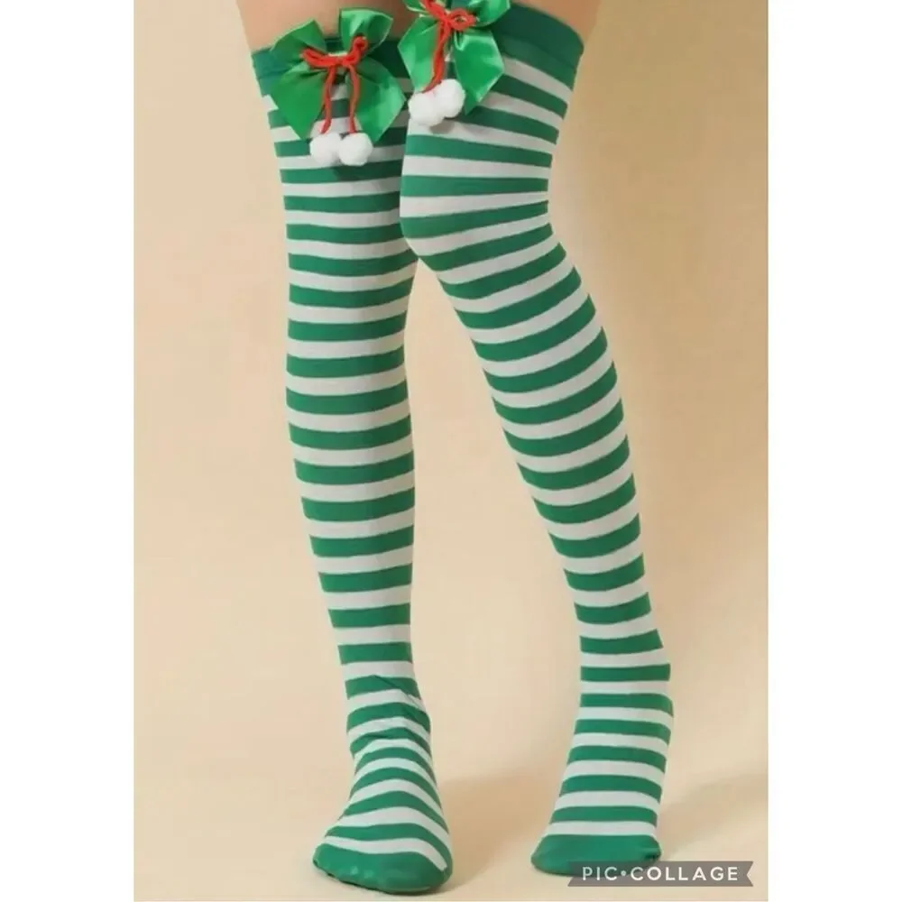 Christmas Green Striped Over-the-Knee Socks(Tights) With Bow & Pom Poms